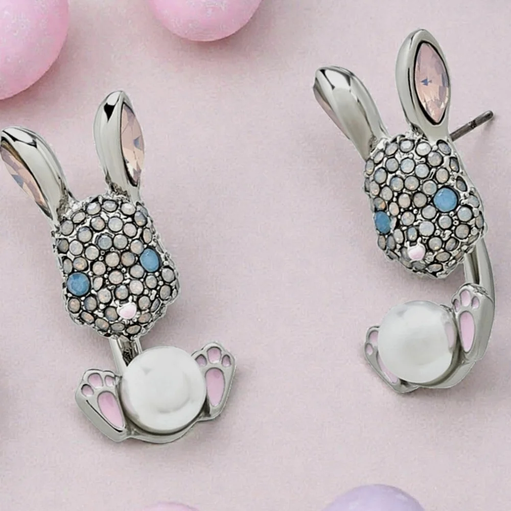 NEW Betsey Johnson Crystal Bunny Pearl Stud Earrings Silver Tone Gift Box NWT